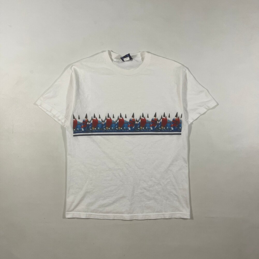 Vintage West Marine Nautical Gear Sailboat Regatta Wraparound Print White Tee